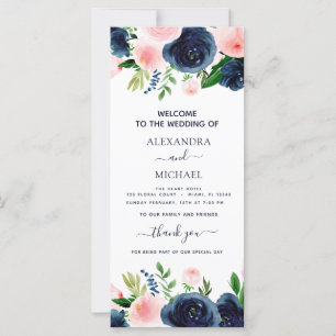 Navy Blue Pink Floral Watercolor Wedding Program