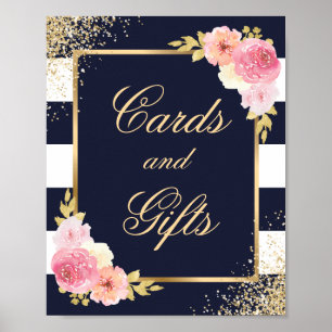 Navy Blue Pink Floral Wedding Cards and Gifts Sign