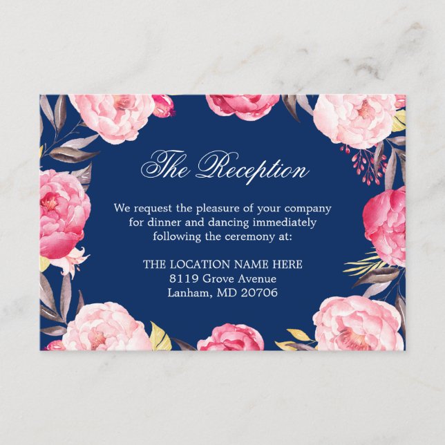 Navy Blue Pink Floral Wedding Details Reception Enclosure Card (Front)