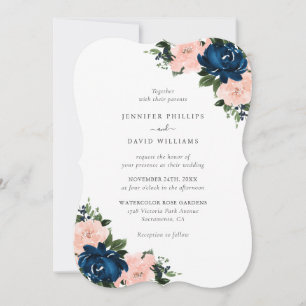 Navy Blue Pink Floral Wedding Invitation