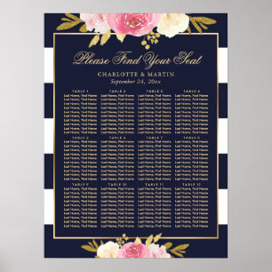 Navy Blue Pink Floral Wedding Seating Chart 12
