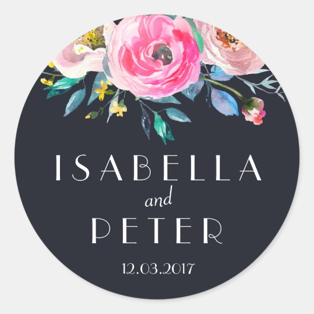 Navy Blue Pink Floral Wedding Sticker (Front)