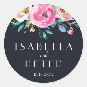 Navy Blue Pink Floral Wedding Sticker