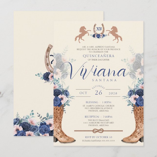Navy Blue Pink Floral Western Charro Quinceanera I Invitation (Front/Back)