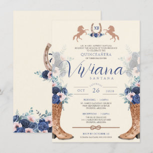 Navy Blue Pink Floral Western Charro Quinceanera I Invitation