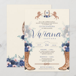 Navy Blue Pink Floral Western Charro Quinceanera Invitation
