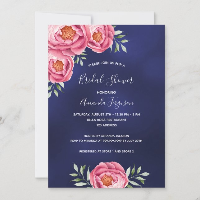 Navy Blue pink florals Bridal Shower Invitation (Front)