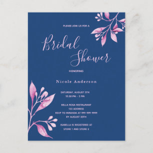 Navy Blue pink florals bridal shower invitation Postcard