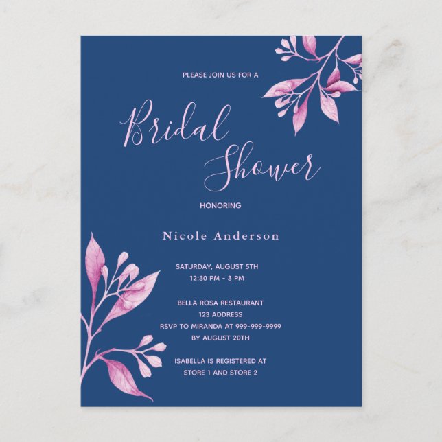 Navy Blue pink florals bridal shower invitation Postcard (Front)
