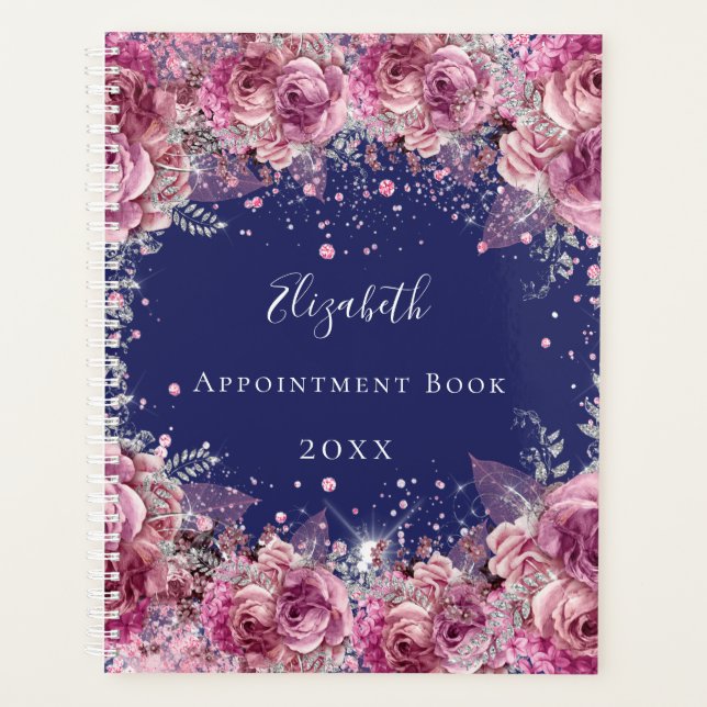 Navy blue pink florals elegant name 2026 planner (Front)