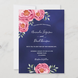 Navy blue pink florals greenery wedding invitation