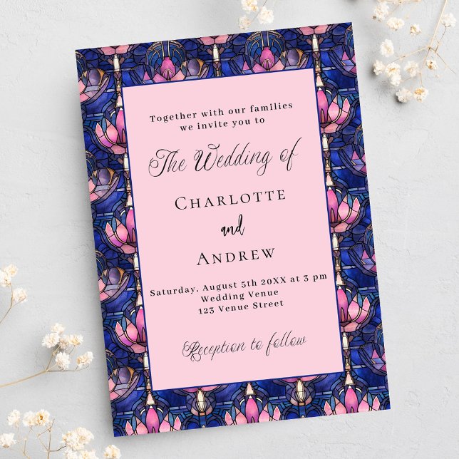 Navy blue pink florals retro luxury wedding invitation (Creator Uploaded)