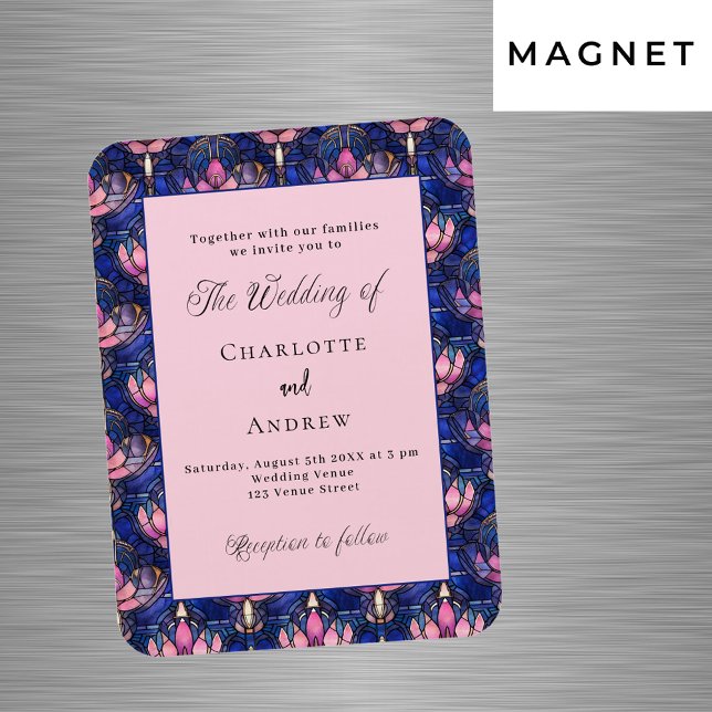 Navy blue pink florals retro wedding invitation magnet (Creator Uploaded)