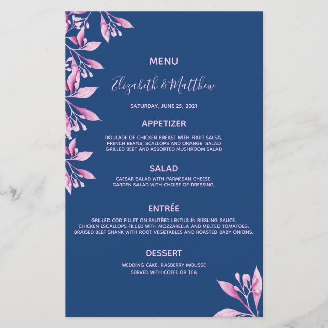 Navy blue pink florals wedding menu (Front)