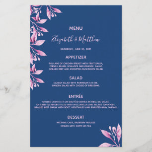 Navy blue pink florals wedding menu