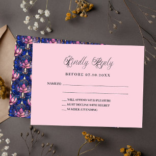 Navy blue pink florals wedding response RSVP Card