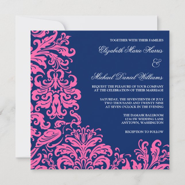 Navy Blue Pink Flourish Damask Wedding Invitations (Front)