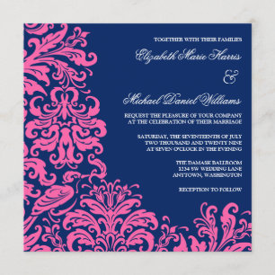 Navy Blue Pink Flourish Damask Wedding Invitations