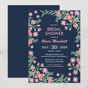 Navy Blue Pink Flower Swirl Floral Bridal Shower Invitation