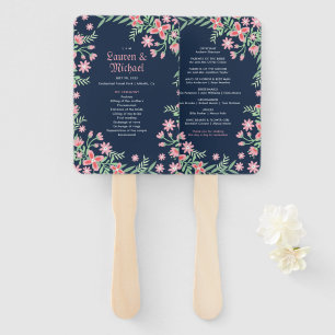 Navy Blue Pink Flower Swirl Spring Floral Wedding Hand Fan