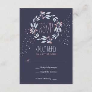 Navy Blue Pink Flower Wreath Wedding RSVP Card
