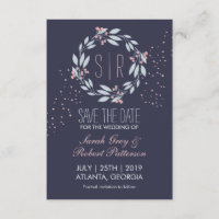 Navy Blue Pink Flower Wreath Wedding Save The Date