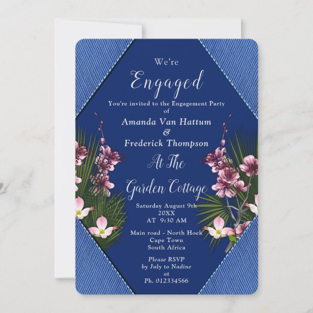 Navy - Blue  & Pink Flowers Engagement Invitation (Front)