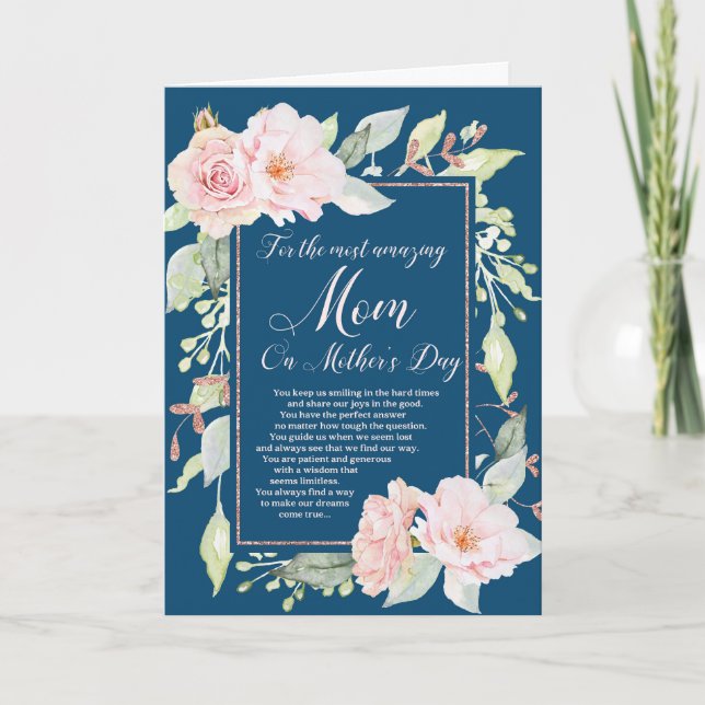 Navy Blue Pink Flowers Mother's Day Card (Front)