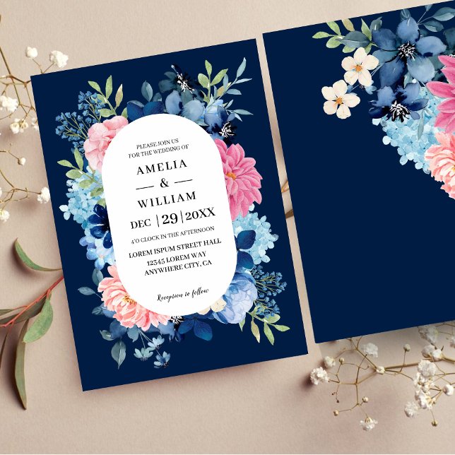 Navy blue pink flowers watercolor floral Wedding  Invitation (Creator Uploaded)