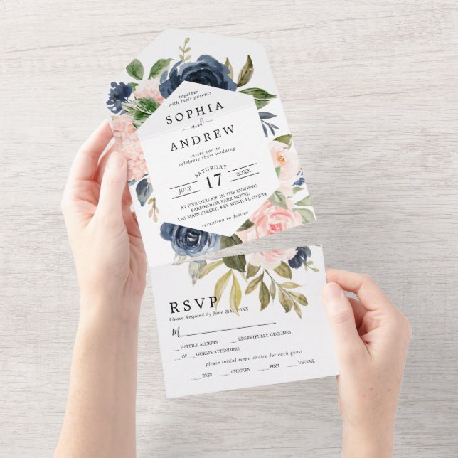 Navy Blue & Pink Flowers Wedding All In One All In One Invitation (Tearaway)