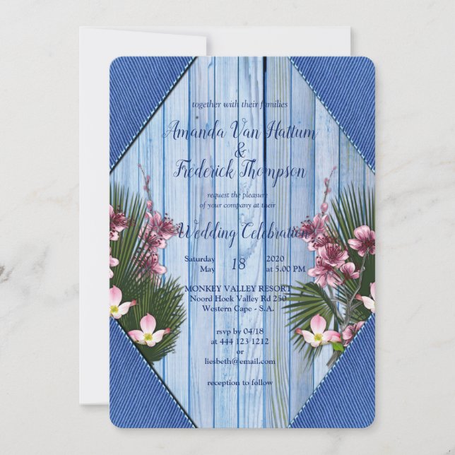 Navy - Blue  & Pink Flowers Wedding Invitation (Front)