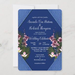 Navy - Blue  & Pink Flowers Wedding Invitation