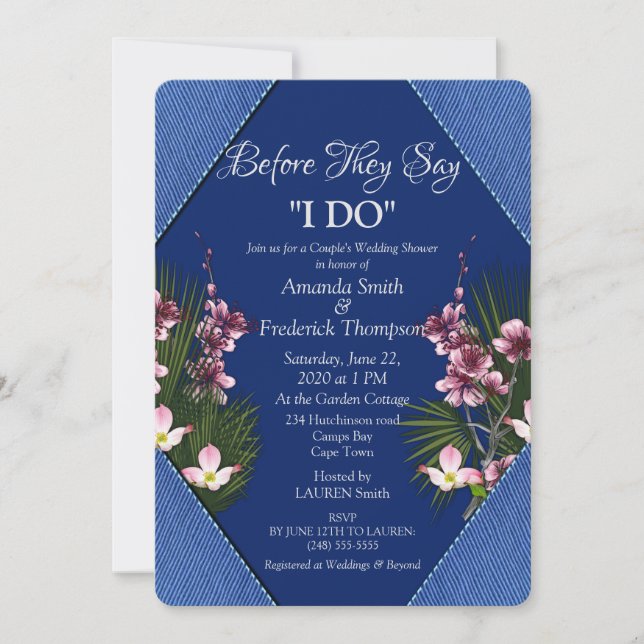 Navy - Blue  & Pink Flowers Wedding Shower Invitation (Front)