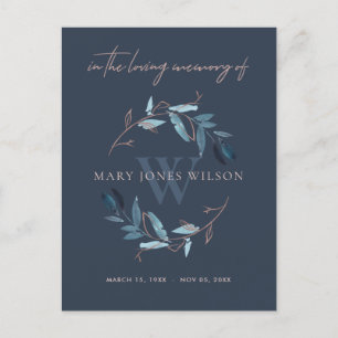 NAVY BLUE PINK FOLIAGE WREATH MEMORIAL THANK YOU INVITATION POSTCARD