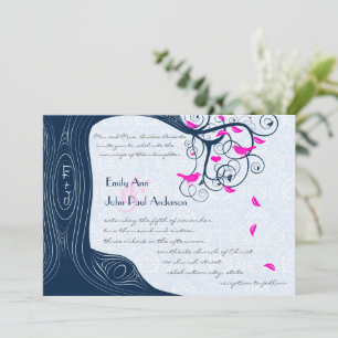 Navy Blue Pink Forest Love Bird Wedding Invitation