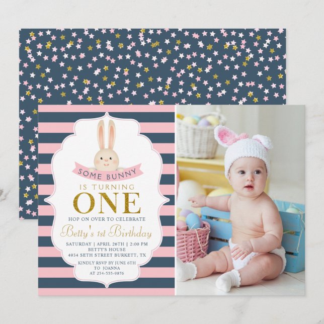 Navy Blue & Pink Gold Bunny First Birthday Photo Invitation (Front/Back)