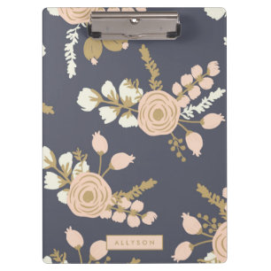 Navy Blue Pink Gold Floral Personalised Clipboard