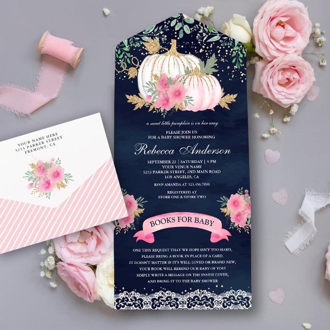 Navy Blue Pink Gold Floral Pumpkin Baby Shower All In One Invitation (Creator Uploaded)