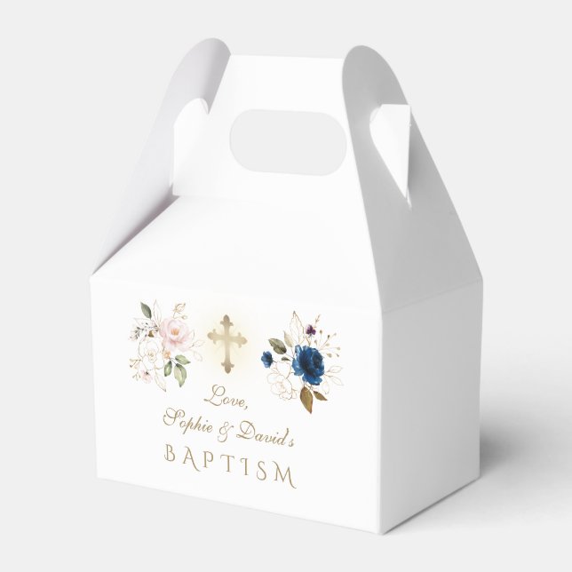 Navy Blue Pink Gold FlowersTwins Baptism Favour Box (Back Side)