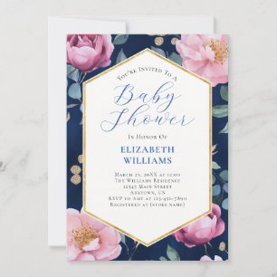 Navy Blue Pink Gold Peonies Baby Shower Invitation