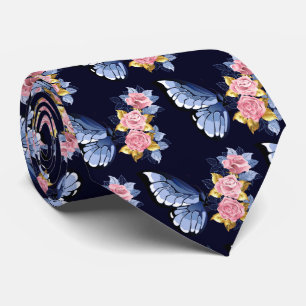 Navy Blue Pink Gold Rose Butterfly Pattern Tie