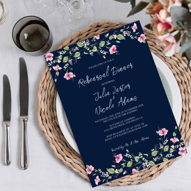 Navy Blue Pink Hibiscus Bloom Rehearsal Dinner Invitation (Creator Uploaded)