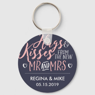 Navy Blue Pink Hug and Kisses From New Mr and Mrs Key Ring