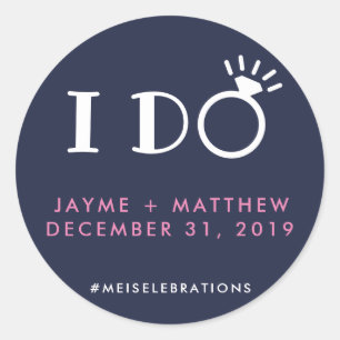 Navy Blue Pink I Do Wedding Couple Hashtag Round Classic Round Sticker