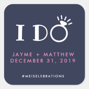 Navy Blue Pink I Do Wedding Couple Hashtag Square Square Sticker