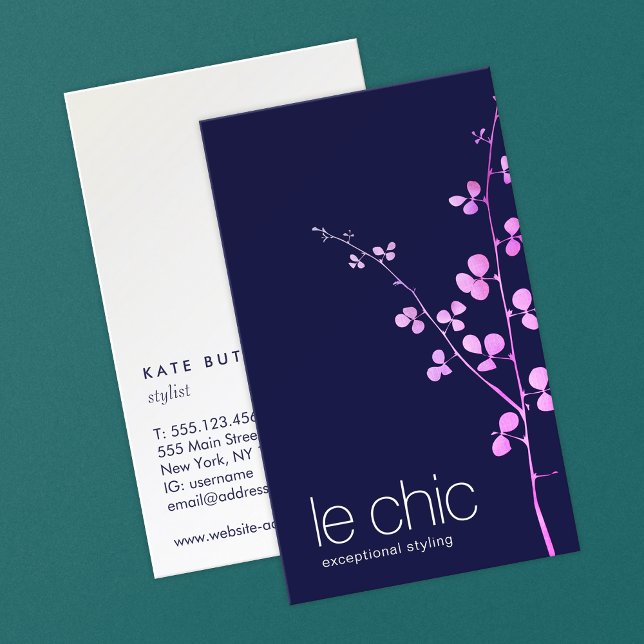 Navy Blue Pink  Leaves Branch Business Card (Creator Uploaded)