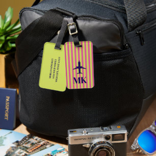 Navy Blue Pink Lime Aeroplane Striped Monogrammed Luggage Tag