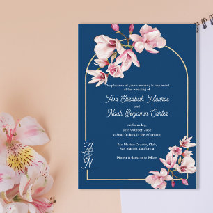 Navy Blue Pink Magnolia Elegant Floral Wedding Invitation