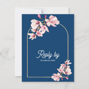 Navy Blue Pink Magnolia Floral Wedding Reply By RSVP Card