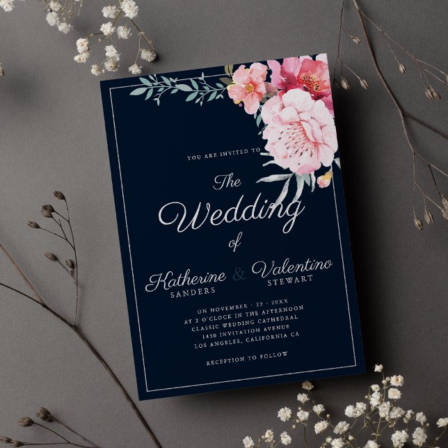 Navy blue pink mint formal script floral wedding invitation (Navy blue pink mint formal script floral wedding )